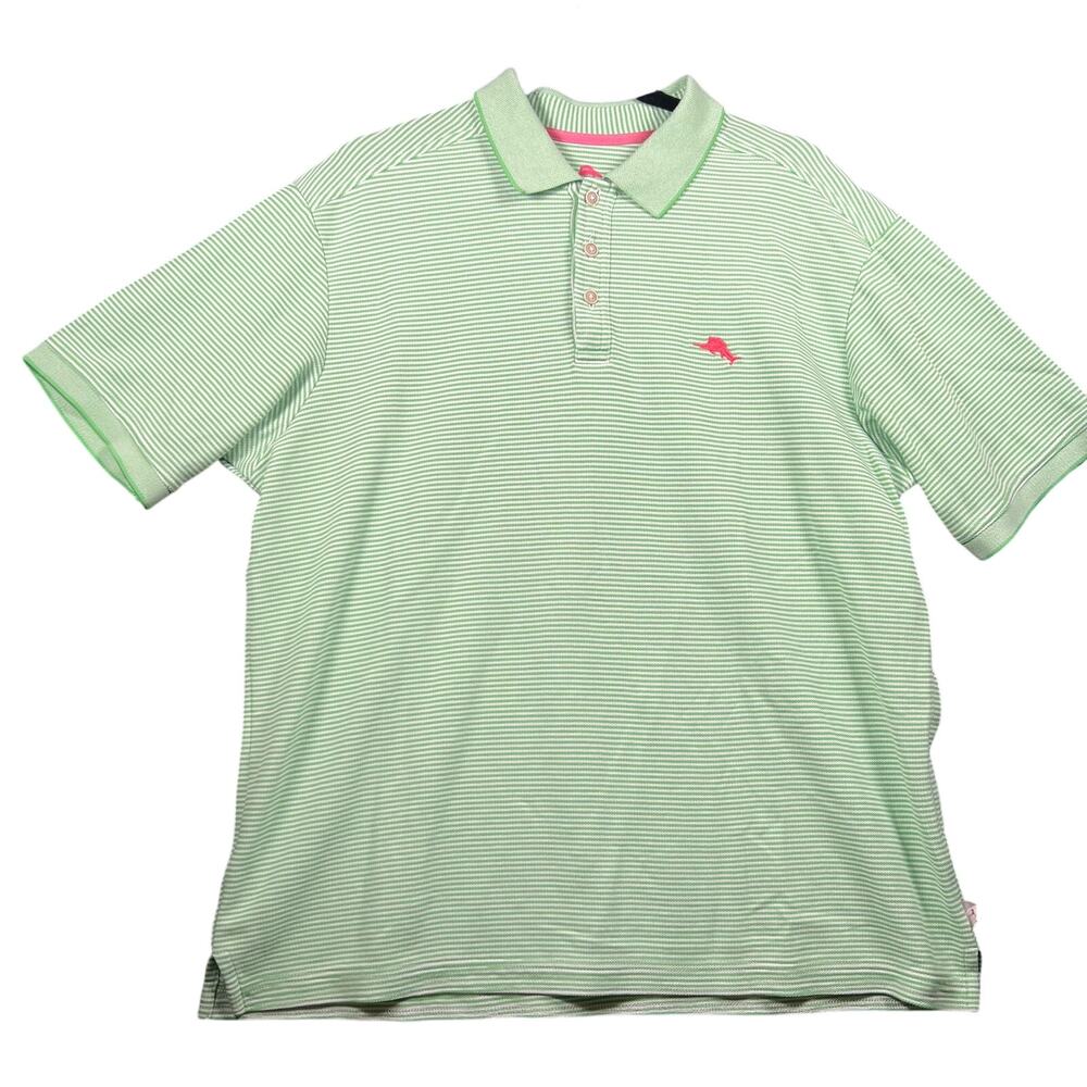 Tommy Bahama Men’s Polo Shirt L Green Striped Short Sleeve Collared Knit Logo